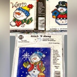 Lot of 3 Snowman Counted Cross Stitch Kits Christmas Ornament Approx. 3 in. H
